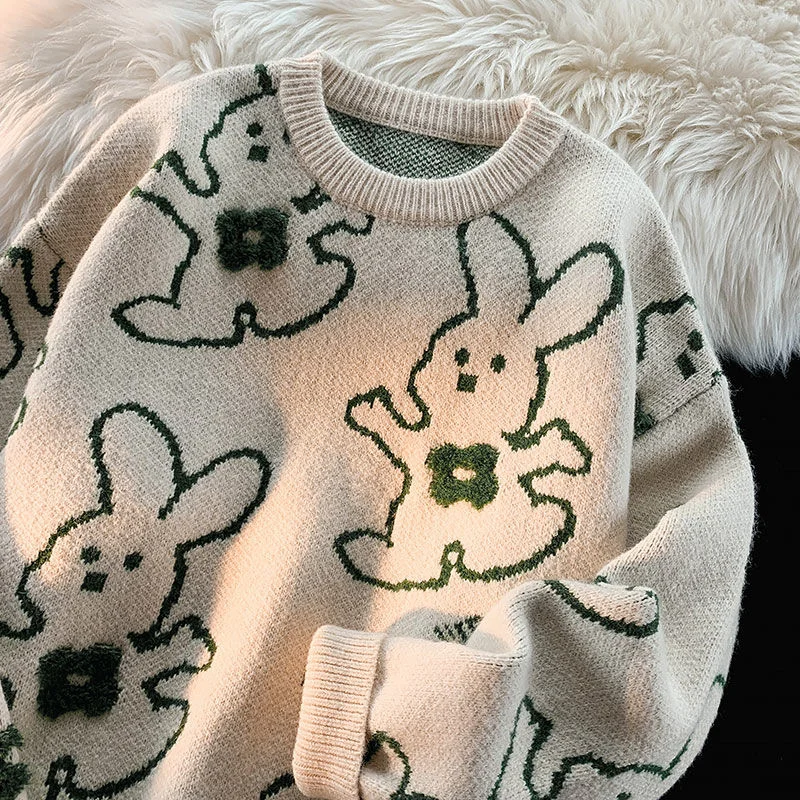 

Japanese Harajuku Bunny Rabbit Jacquard Sweater Vintage Cartoon Knitted Pullover Preppy Kawaii Winter Clothes Korean Casual Tops