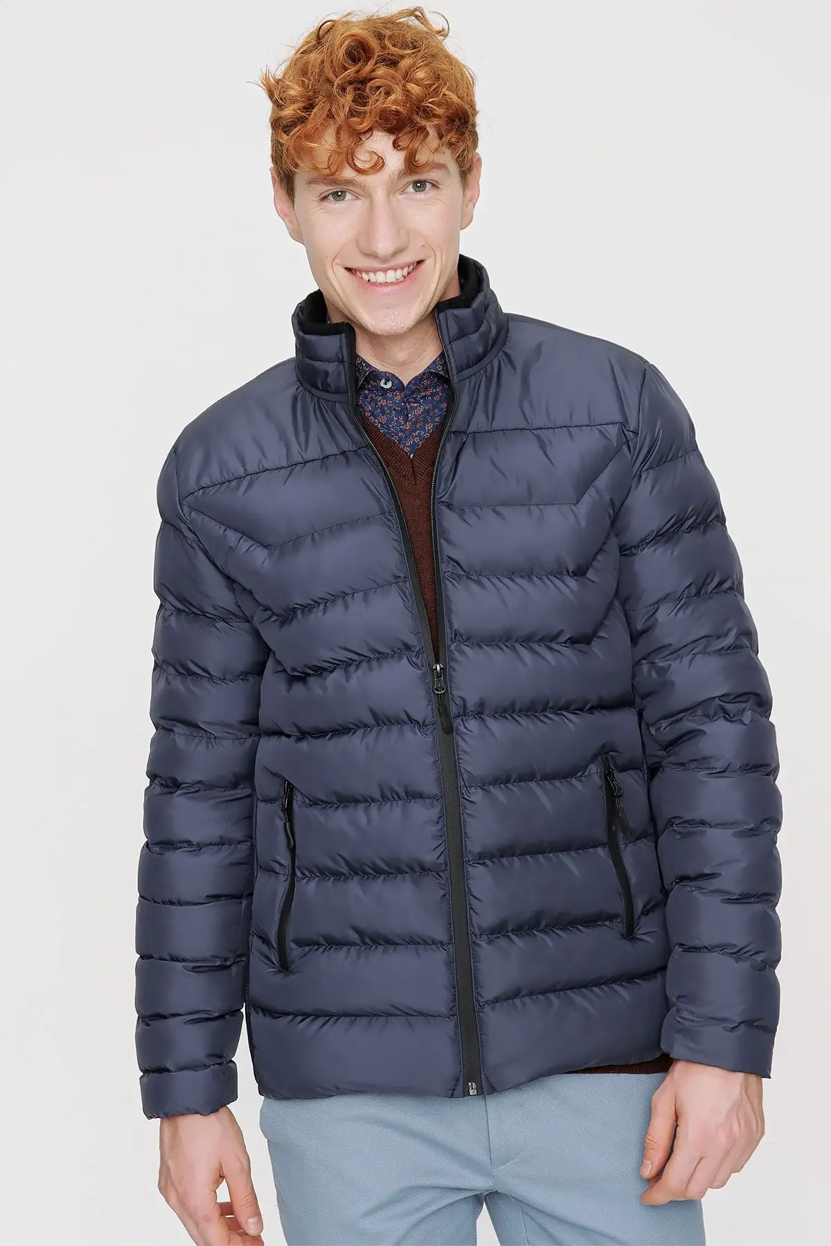 Men's Navy Edmonton Dynamic Fit Casual Fit Zippered Quilted Coat