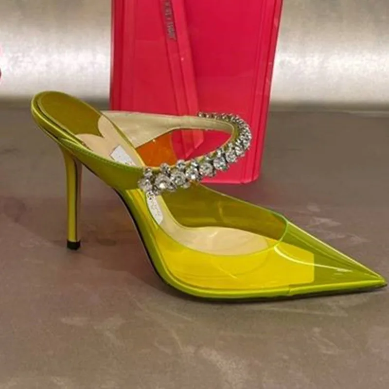 2023 European and American ladies summer new pointed high heels transparent rhinestone sexy fashion sandals