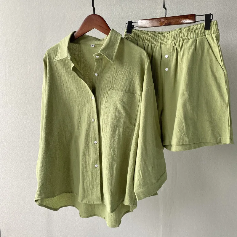 

Women's Summer Suit Linen Cotton Suit Shorts Casual Wear Suit Female Long Sleeve Shirt Shorts Sets Cropped Womens Two Peice Sets