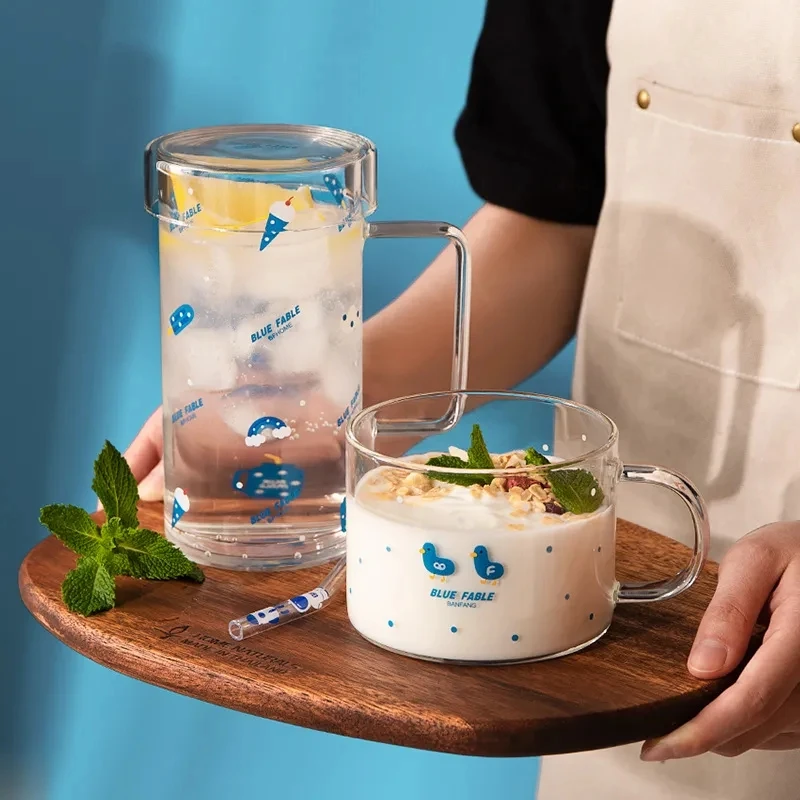 

Cute Cartoon Heat-resistant Large Capacity Glass Summer Hand-painted Pattern Breakfast Milk Drink Juice Kettle Microwave Safe