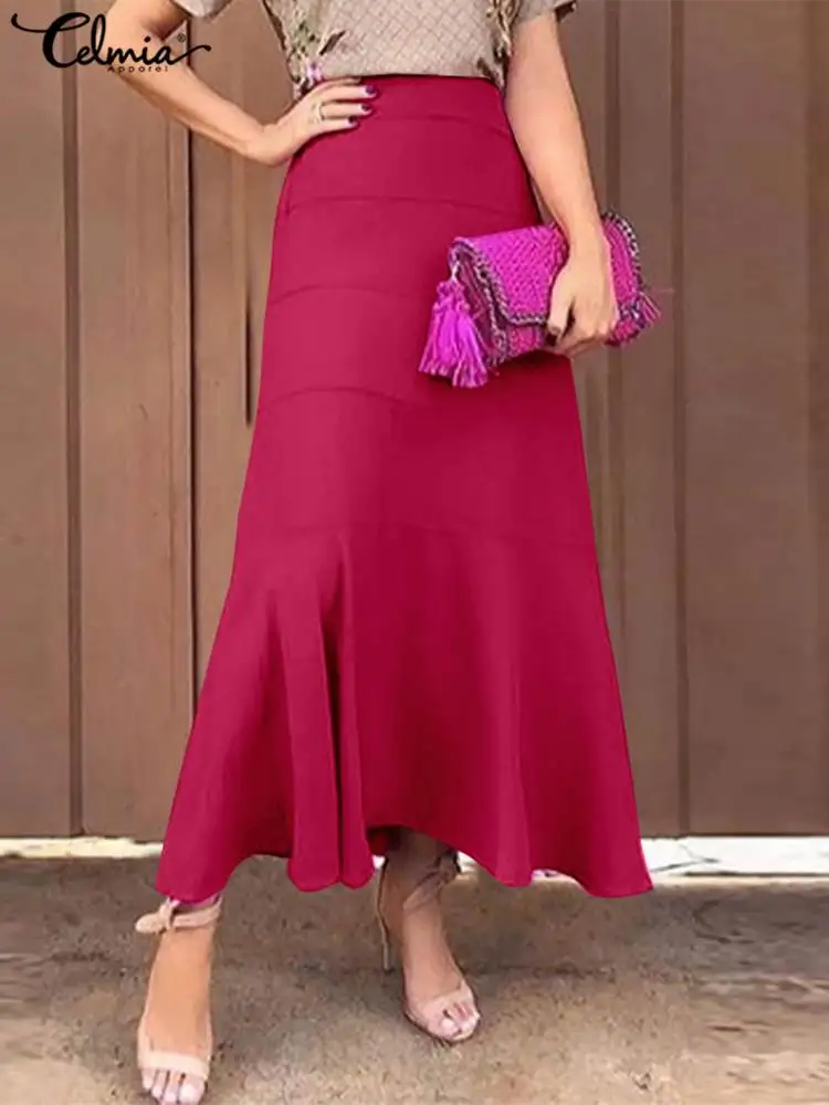 

Celmia Casual A-line Long Jupes Women 2022 Fashion Simple High Waist Faldas Elegant Lady Slim Swing Skirt Holiday Maxi Skirts