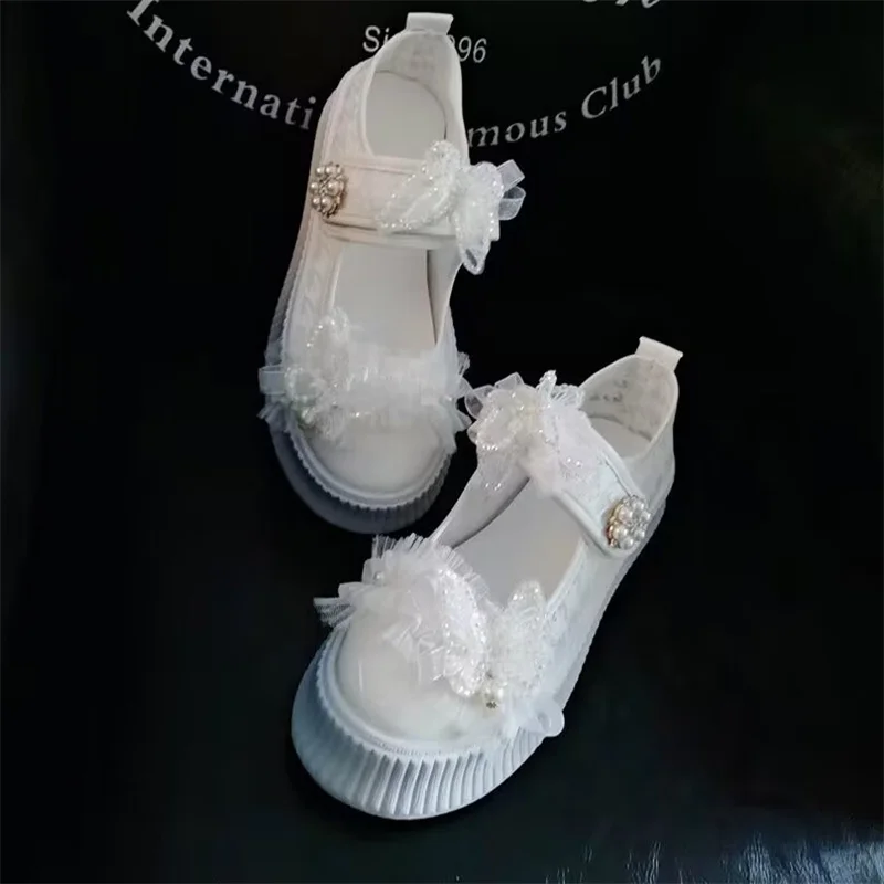 

Холщовые туфли ручной работы с низким верхом, на толстой подошве, с белым жемчугом, повседневные спортивные женские туфли большого размера 35-40