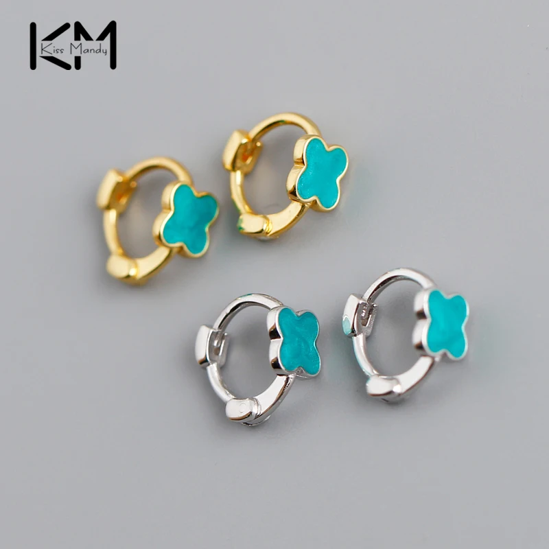 

KISS MANDY 925 Silver Ear Buckle Green Enamel Lucky Leaf Small Hoop Earrings for Women Gold Silver boucle oreille femme APE25