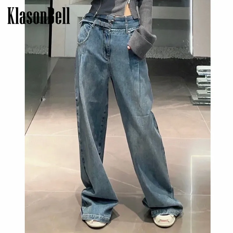 

7.29 KlasonBell Fashion Letter Embroidery Double Belt Design Washed Denim Wide Leg Jeans Women