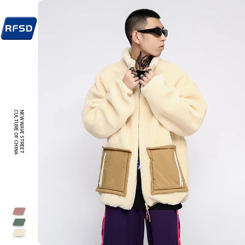 Autumn and winter color-blocking large pocket lamb wool jacket men's loose thickening all-match Men's winter jackets parkas