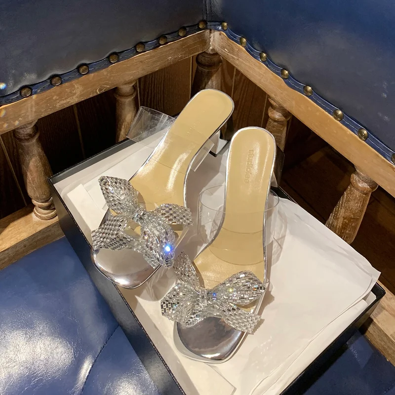 

All-match Open-toe Bow Buckle Slippers Women's Summer Transparent Sandals Square-heeled High-heeled Women's Shoes New 2022