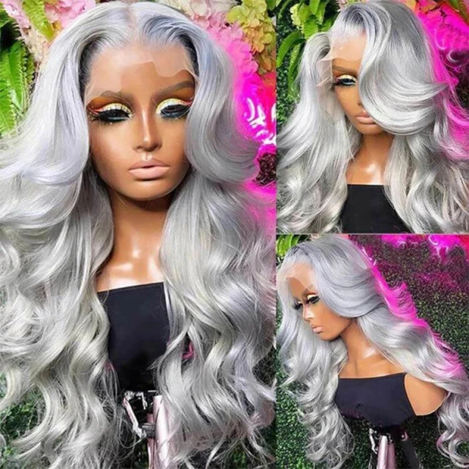 

30inch Silver Gray 13x4 Lace Front Wigs Human Hair Body Wave Transparent 13x6 Lace Frontal Wig For Women Pre Plucked Bling Hair