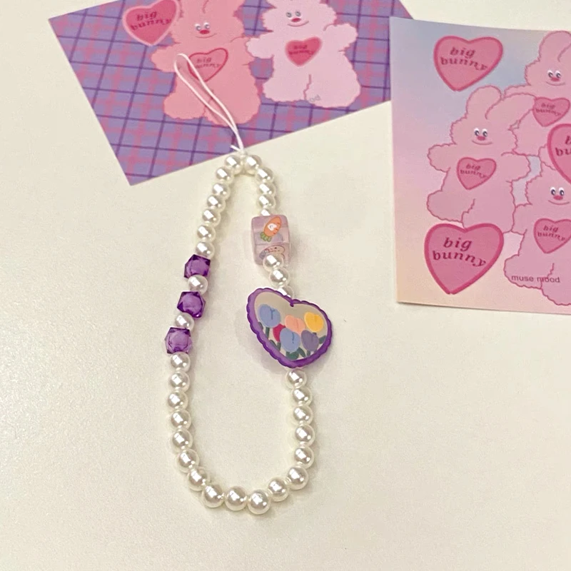 Pearl Color Heart Fruit Key Chain Ladies Fashion Cute Romantic Vintage Keychain Charm Korea 90s Aesthetic Bag Phone Chain Gift