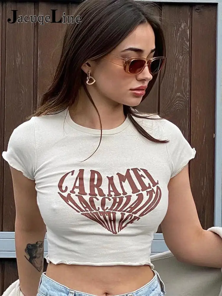 

Укороченный Топ Jacqueline 2022 Y2K с эстетичным принтом букв, женские топы с коротким рукавом и круглым вырезом, милые детские топы, облегающие кава...