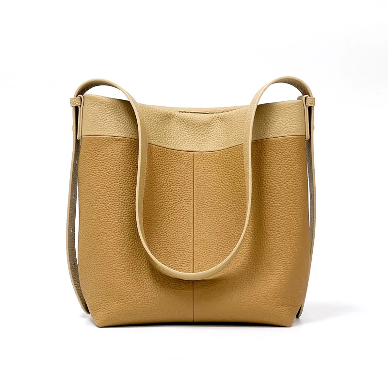 

New High-quality Color Blocking Bucket Tote Bag Simple Leather Shoulder Bag Lychee Grain Large Capacity Women's Bag