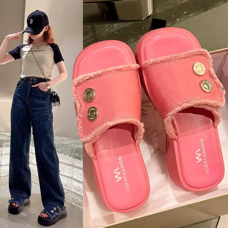 

New Summer Rhinestone Denim Slippers Fashion Tassel Thick-soled Sandals Casual Home Women's Shoes Designer Slippers