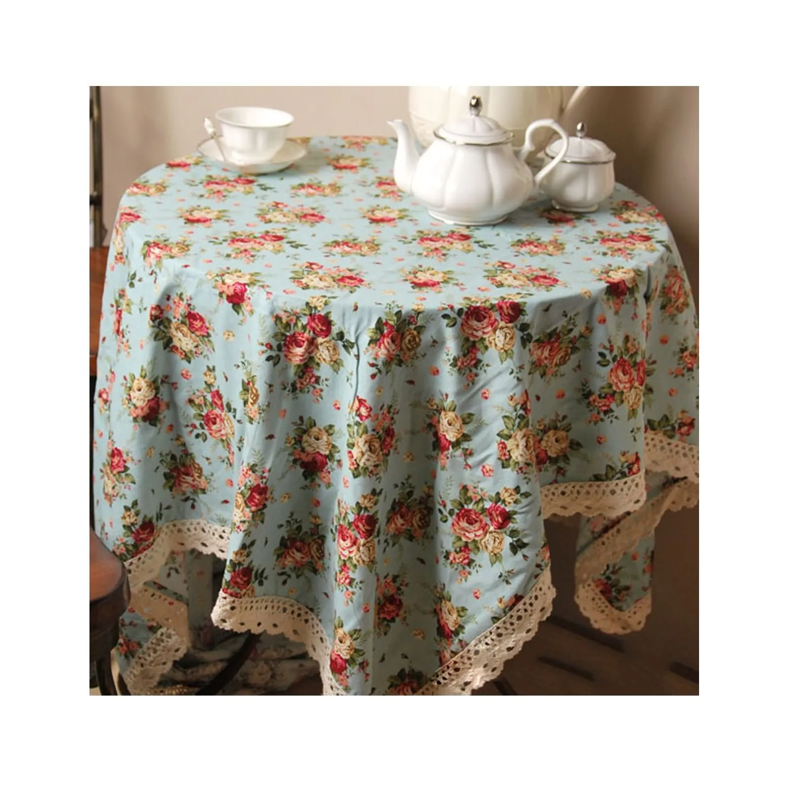 

Cotton Linen Tablecloths, Waterproof Table Covers Pastoral Style Flower Printing Blue Dining Table Coffee Table Deco