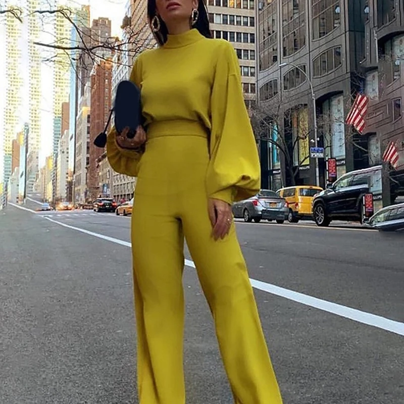 

Turtleneck Lantern Sleeve Loose Women Jumpsuit Tunic Wide Leg Flare Pants Elegant Overalls Yellow White Black Combinaison