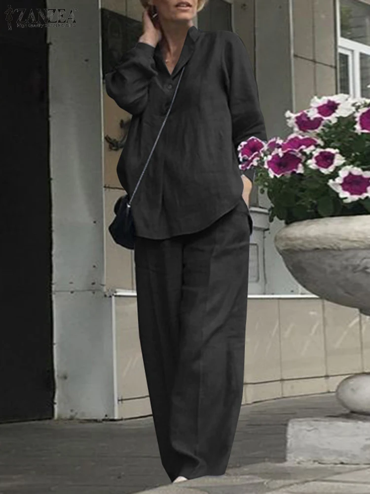 

ZANZEA Fashion Matching Sets 2PCS Long Sleeve O-Neck Blouse Wide Leg Pants Autumn Casual Street Outifits Elegant OL Suit 2023