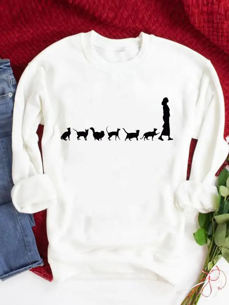 

Cat Cartoon Style Lovely Cute Graphic Sweatshirts Autumn Spring Fashion Women Print Pullovers O-neck Fashion Casual Clothing