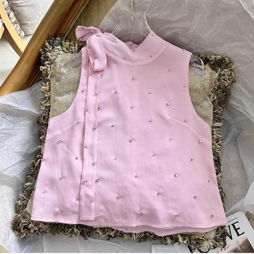 Милая Розовая Шифоновая короткая приталенная рубашка костюм жилет без рукавов