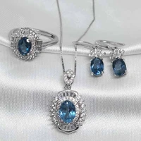 meibapj very beautiful natural london blue topaz gemstone jewelry set 925 pure silver 3 pieces suit wedding jewelry for women
