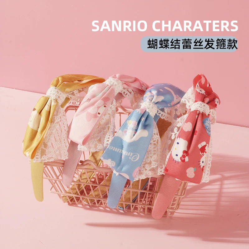 

Kawaii Original Sanrio Kittys My Melody Cinnamoroll Pompom Purin Anime Cartoon Print Lace Headband Cute Girly Bow Headband