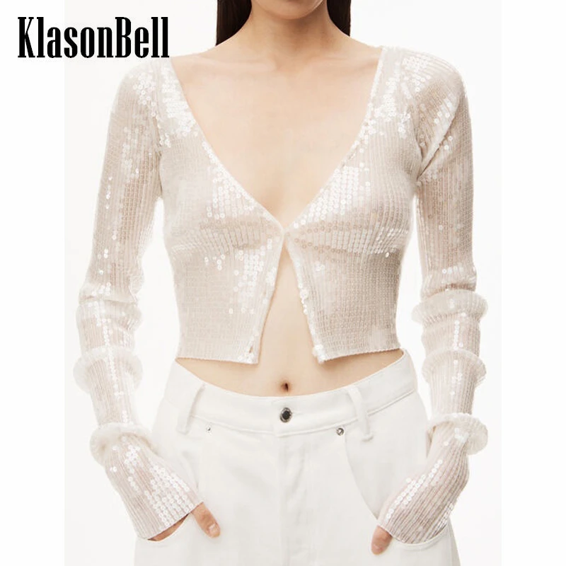 

6.30 KlasonBell Elegant Heavy Industry Sequins Thin Knitted Slim Short Cardigan Women
