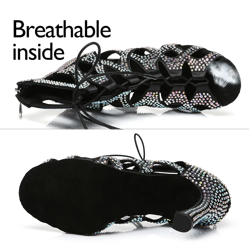 DKZSYIM High Top Woman Latin Dance Shoes Black Ballroom Rhinestone Dance Boots Salsa Tango Dancing Shoes Girls Ankle Dance Boots
