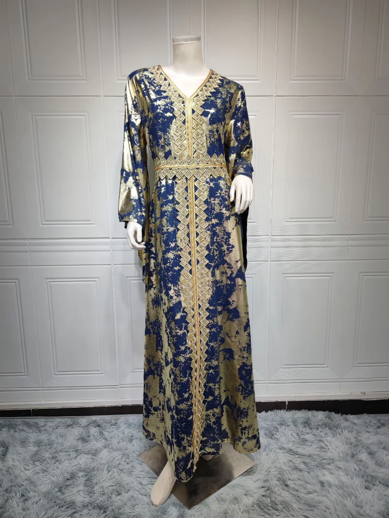 Spring Autumn Muslim Fashion V-neck Long Sleeve Polyester Red Blue White Long Abaya Muslim Elegant Abaya with Belt Abaya Dress