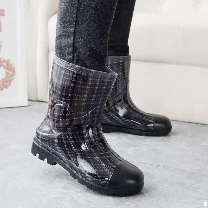 

39-44 Mens Rain Boots Waterproof Height Ankle Low Heel PVC Slip-on Plaid Wash The Car Kitchen Fishing Male Shoes H35