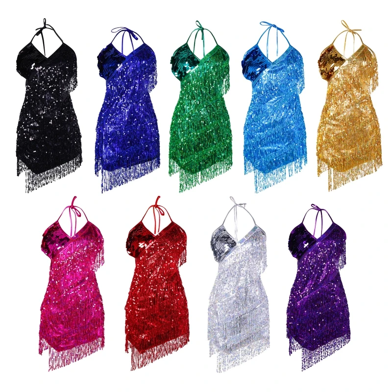 Formal Latin Dance Dresses Backless Sequin Tassel Dance Dress For Women Sexy Sling Halter Salsa Mini Dress Stage Costumes