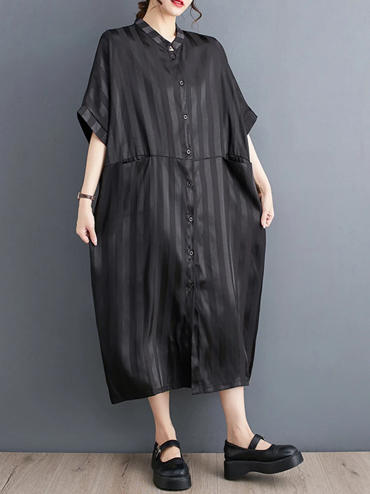 

Женское длинное платье в полоску, повседневное свободное черное платье большого размера с коротким рукавом и винтажным принтом, лето 2023