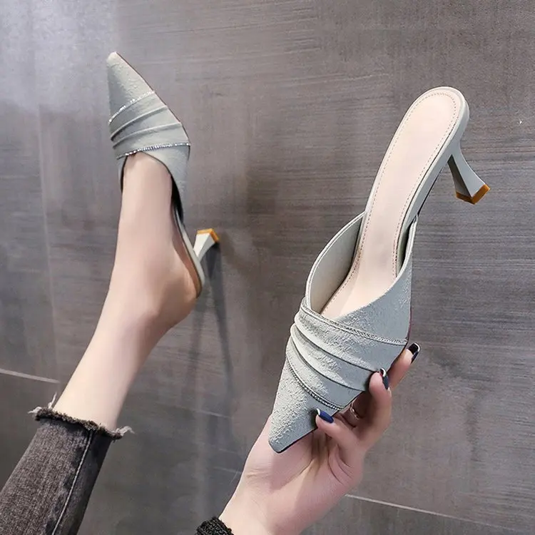 

Slipper Lady 2022 New Women's Shoes Korean Version Pointed Toe Baotou Half Slippers Women's Thin Heel Middle Heel Sandals Women