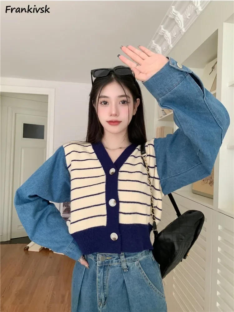 Полосатый кардиган женский джинсовый сращенный свободный панельный молодежный