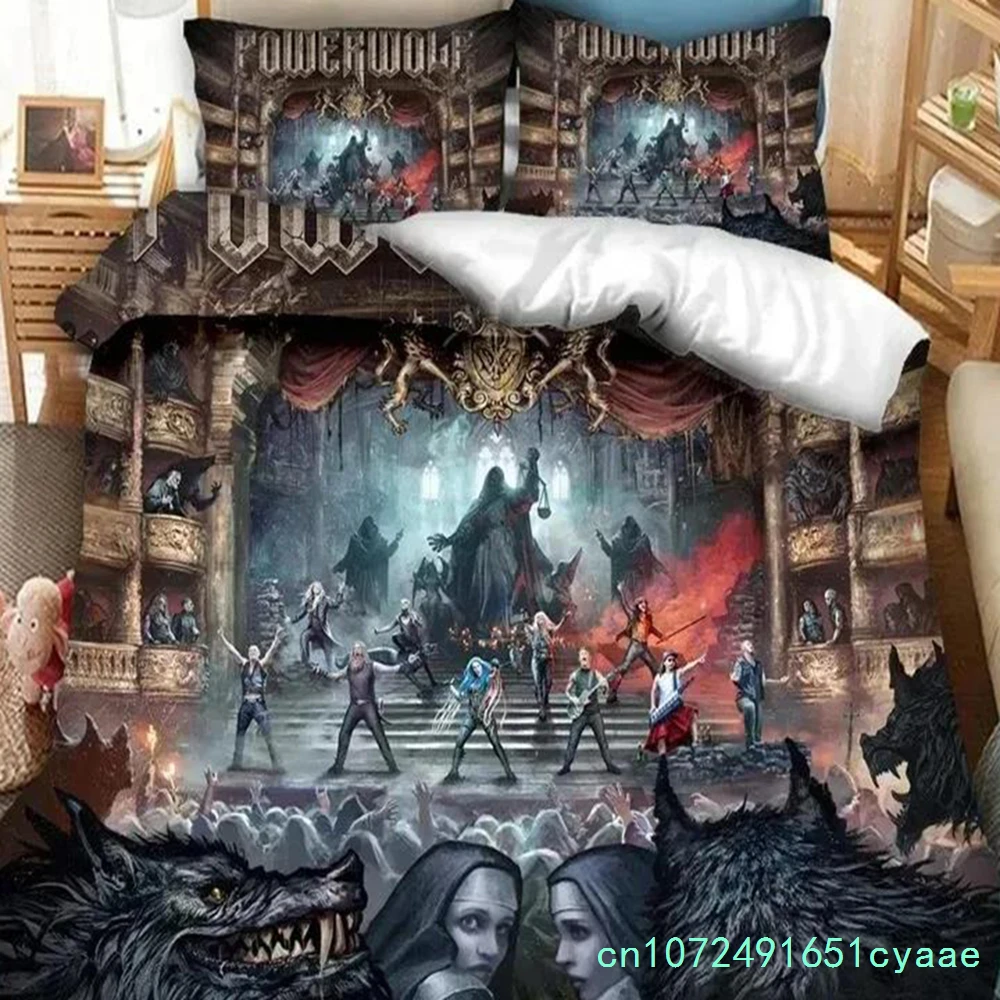 Фото Комплект постельного белья с 3D-принтом Powerwolf Band: пододеяльник, простыня, наволочка, одеяло. Размеры King и Queen. Постельный комплект для мальчиков и взрослых. №4