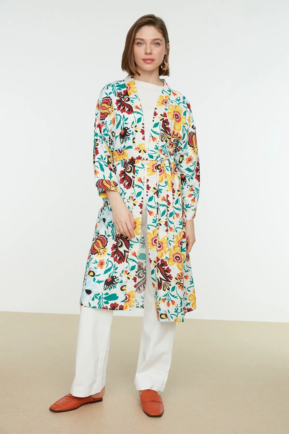 

Women's Kimono Multicolor pattern Belted Shawl Collar Woven Kimono Caftan Fashion Dressing Gown For Women