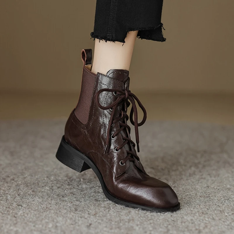 

NEW Autumn Women Boots Genuine Leather Shoes for Women Round Toe Chunky Heel Boots Women Lace-up Ankle Boots Low Heel Lady Shoes