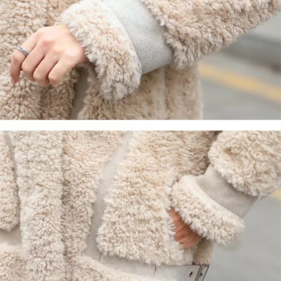 Winter Grain Fleece Faux Lambwool Coat Women Warm Thick Plush Overcoat Mid-length Outwear Top Motorcycle Jackets Casaco Teddy