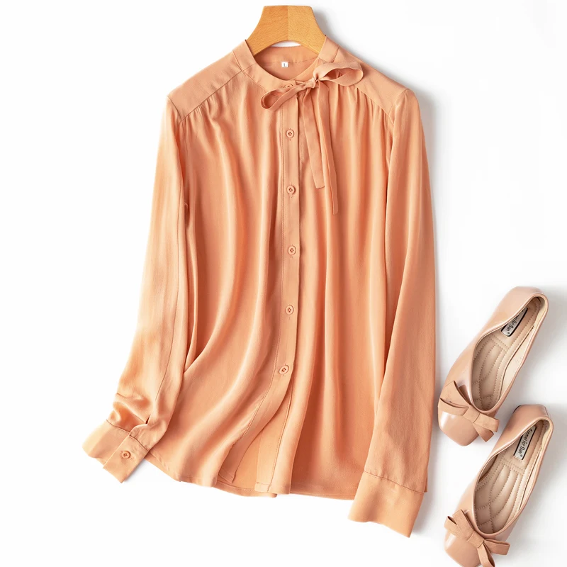 

Natural Silk 2022 New Long Sleeve Shirt Women O-Neck Bow Free Shipping Items Clothes for Women Tops Office Lady Straight