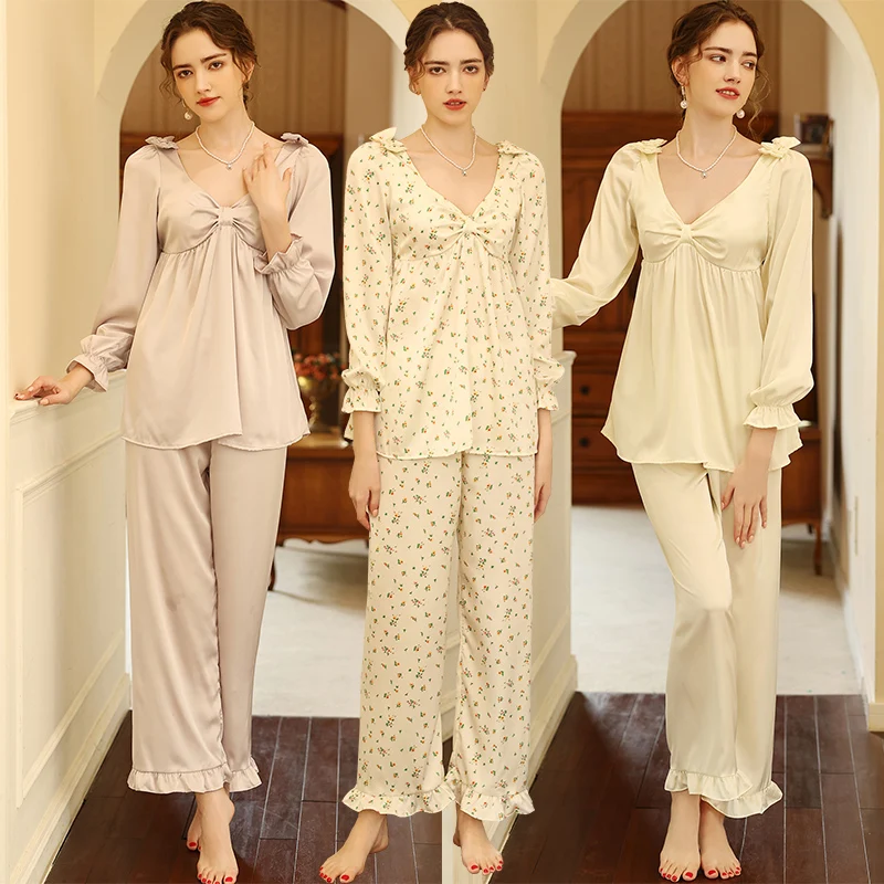 Лето 2022 шелковые атласные пижамные комплекты с длинным рукавом и V-образным