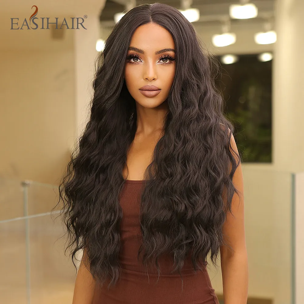 EASIHAIR Long Black Curly Wave 13*4 Synthetic Lace Front Wigs for Women Dark Brown Deep Wave Wigs with Baby Hair Heat Resistant