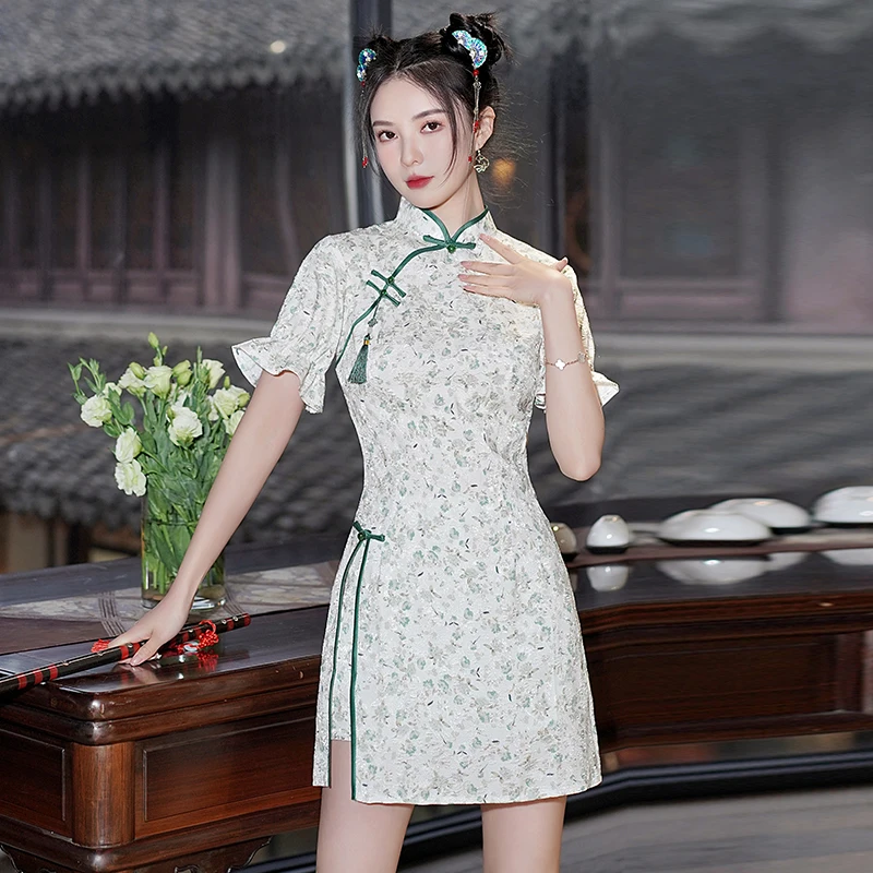 

Костюм-двойка в китайском ретро-стиле, улучшенное кружевное приталенное платье-Ципао с мелким цветочным рисунком, летняя одежда