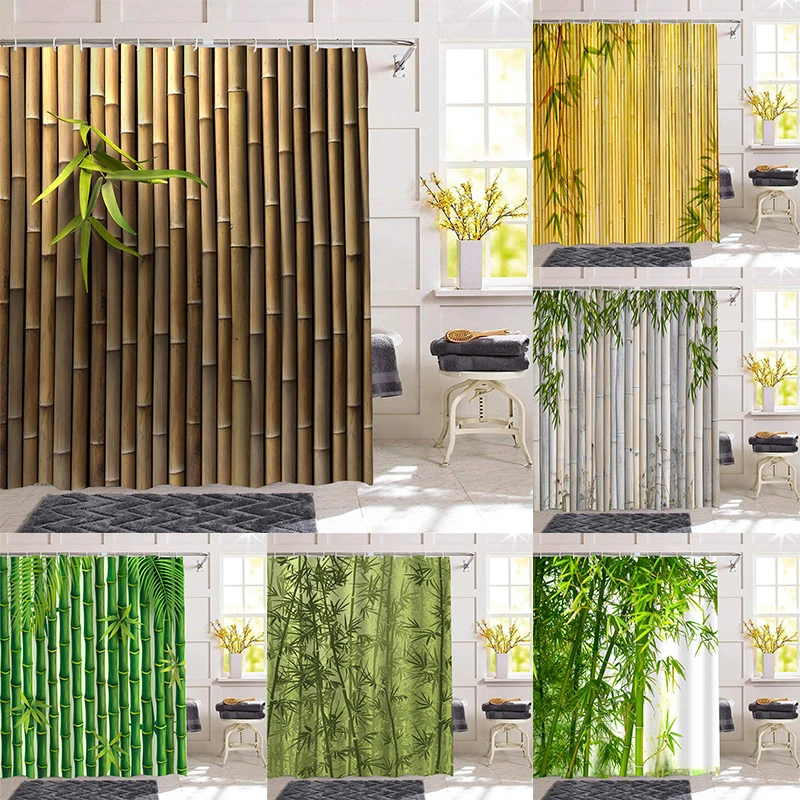 

3D Green Bamboo Print Shower Curtain Waterproof Polyester Bathroom Decor Bath Curtains Bath Screen With Hooks