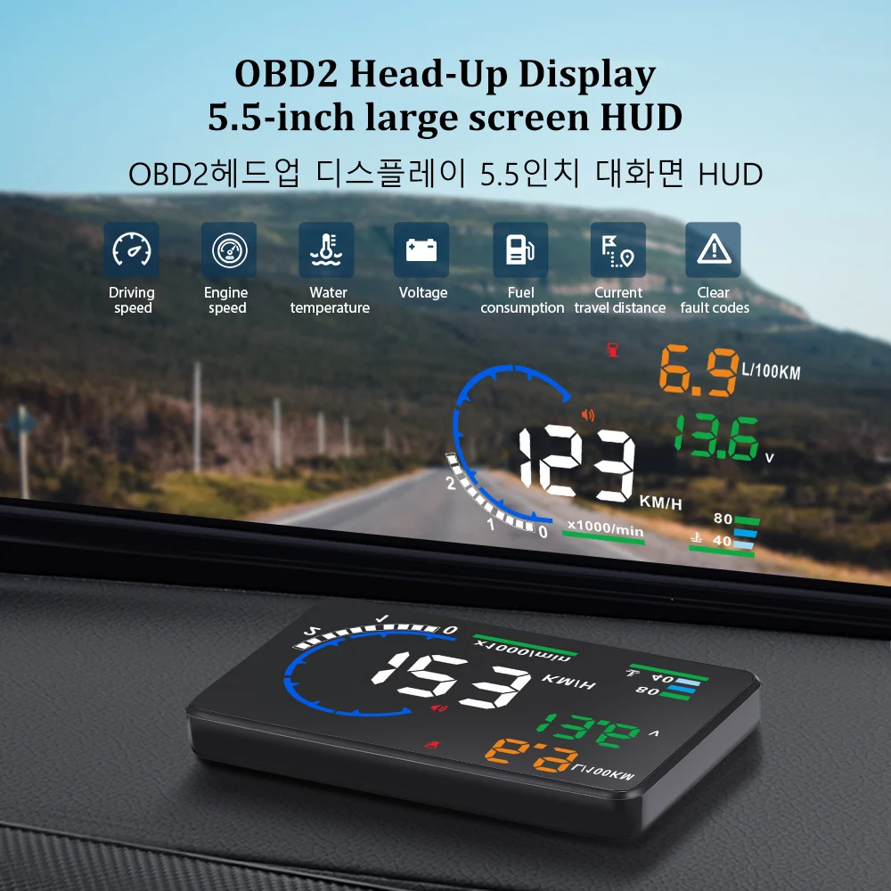 

Дисплей на лобовое стекло A8 HUD, 5,5 дюйма, OBD2, OBDII, EUOBD, автомобильный проектор, спидометр, сигнализация превышения скорости, автомобильные элек...