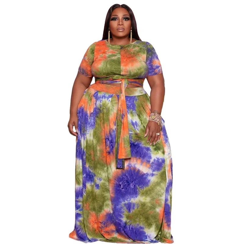 Plus Size Clothing Women Skirts Sets Wholesale Two Piece Set Plaid Crop Top with Elastic Waist Maxi Skirt Sum 3xl 4xl 5xl 6xl