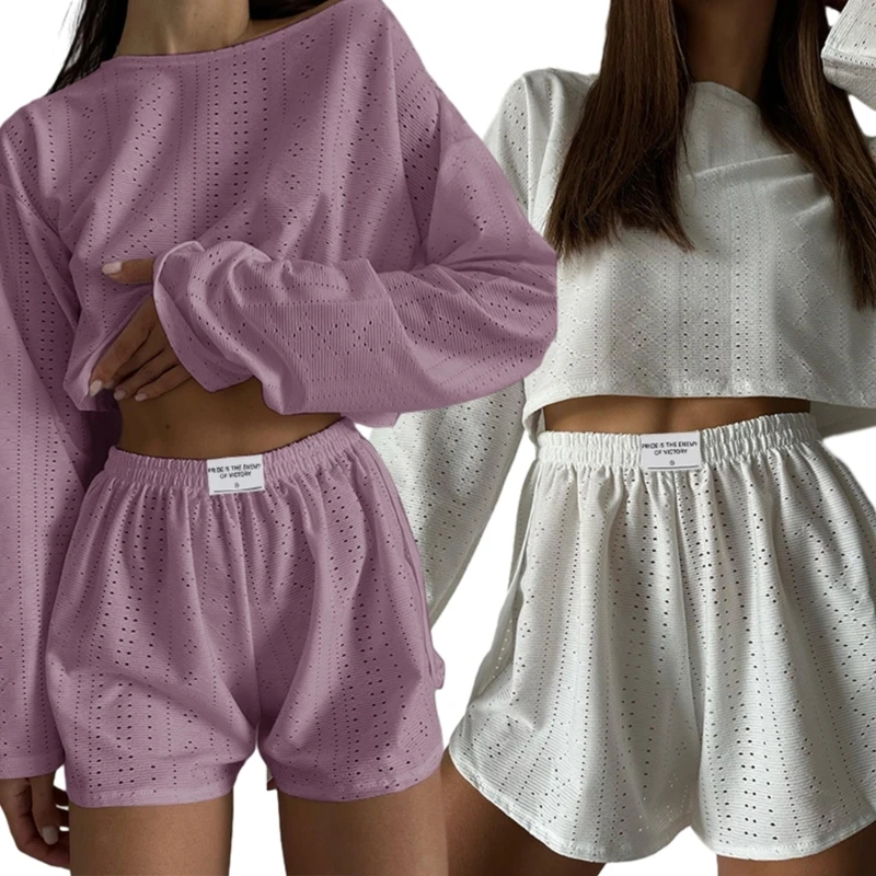 

y2k Matching Pajama Set for Women Round Neck Crop Top and Shorts Loungewear