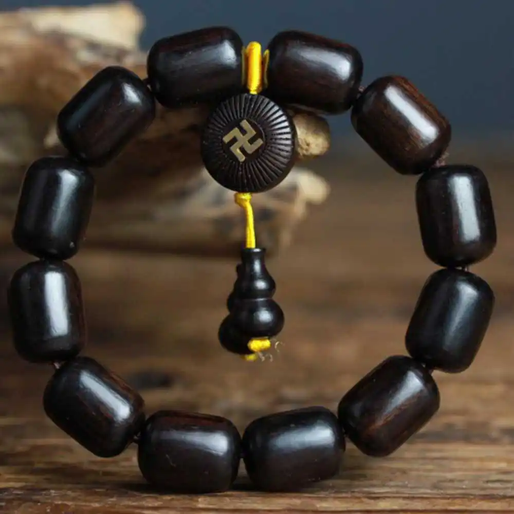 

15MM Ebony Barrel beads Cuff Men Mala Buddha Lucky Bracelet Calming Wrist Restore Wristband Meditation Energy National Style