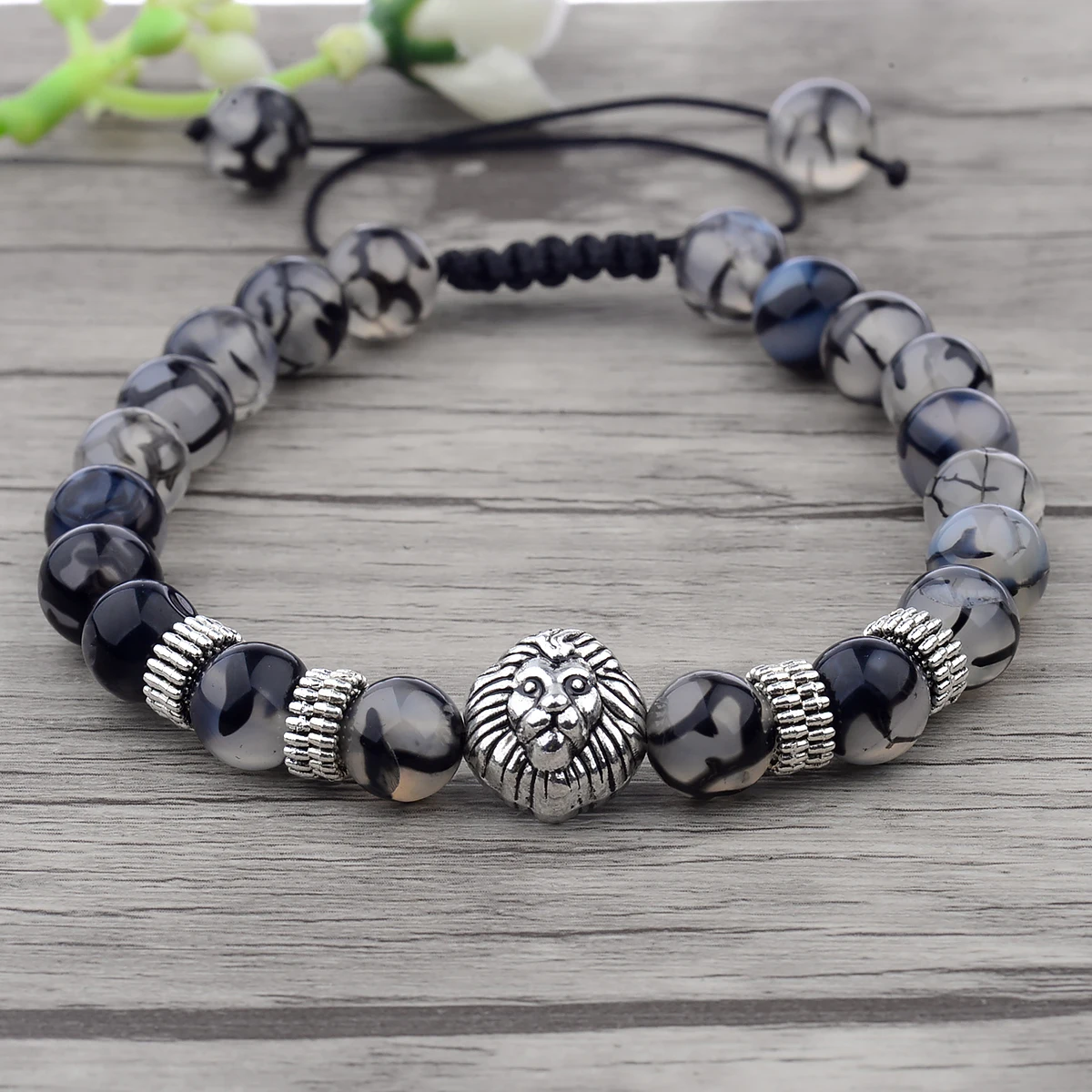 Браслет из бусин в виде головы льва регулируемый плетеный браслет натурального