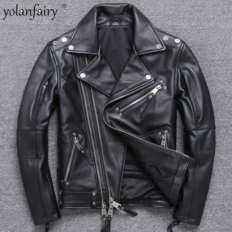 

100% Real Cow Leather Jackets Men Genuine Leather Men's Motorcycle Jacket Oblique Zipper Black Men's Coat veste homme Xhl360