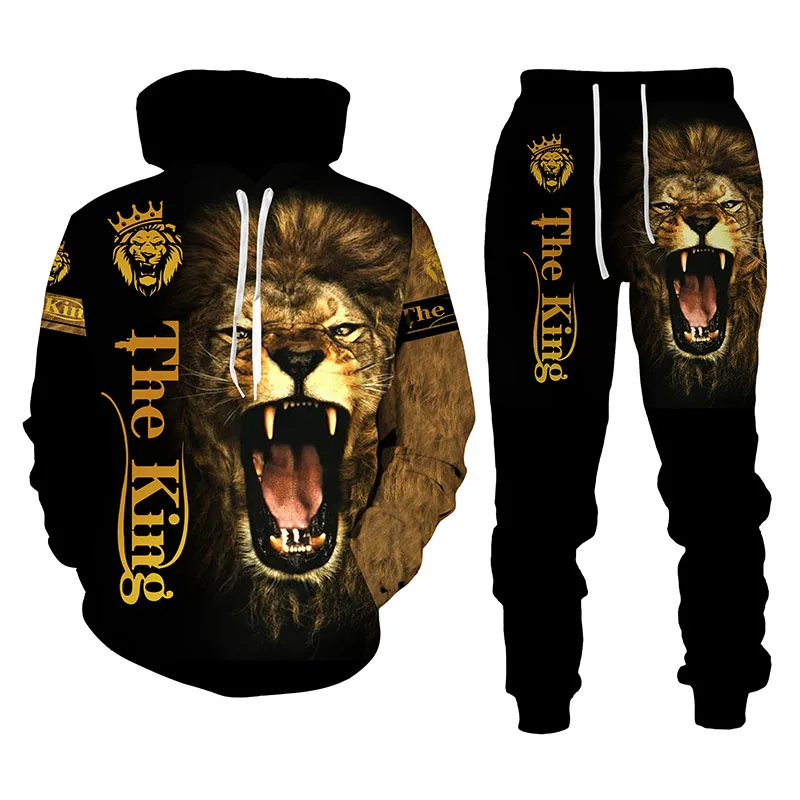 

Men's Tiger Hoodie Set Full Sleeve Polyester and Cotton Warm Winter Indoor Animal 3D Printed Sweatershirt Trousers Man Tracksuit