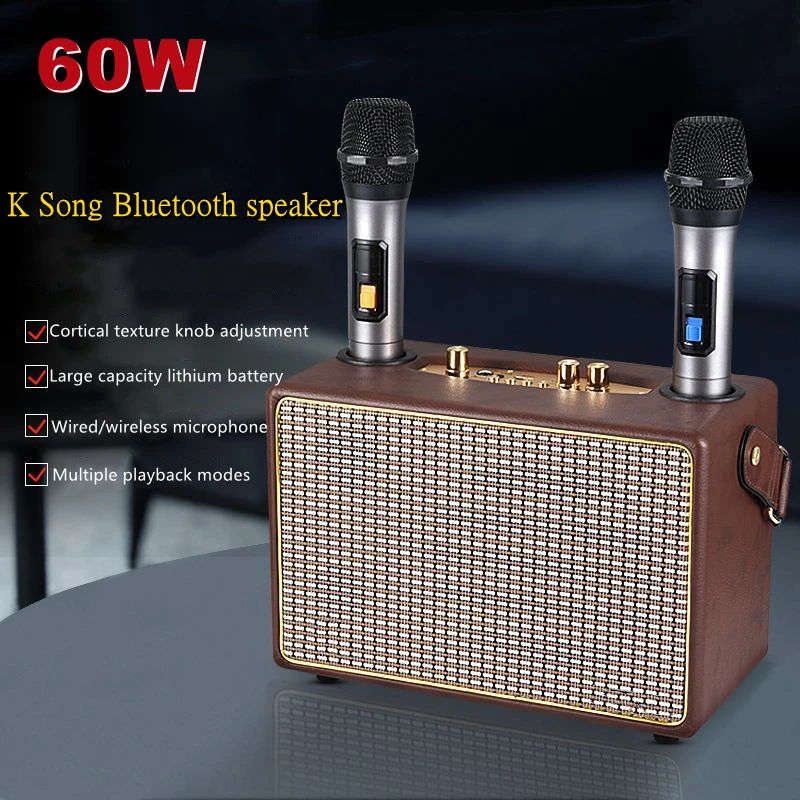 60W Retro Portable Double Chorus Bluetooth Speaker Wireless Microphone K Song Audio Outdoor Mobile Phone Karaoke Machine BoomBox