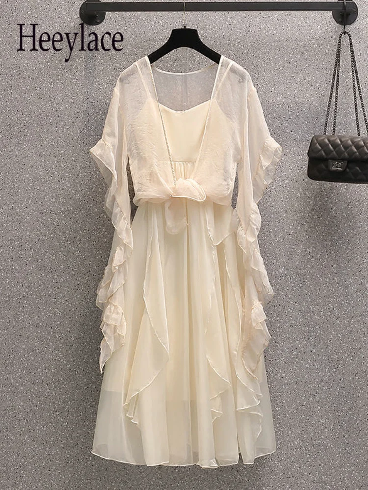 

Women Summer Fairy Dresses Suits For Women 2022 Fashion Sunscreeen And Straped Ruffles Patchwork Dresses Two Pieces Sets