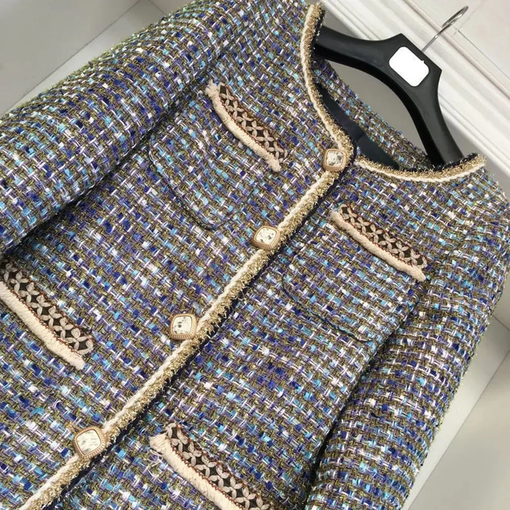 Autumn Winter Women Short Small Fragrance Vintage Plaid Tweed Jacket Bright Weave Elegant O-Neck Long Sleeve Slim Tops Outerwear